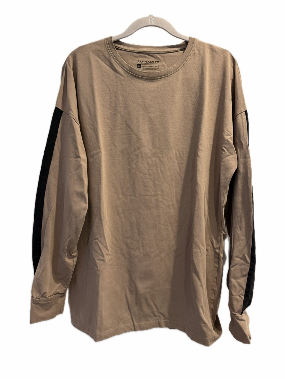 Alphalete Men's Long Sleeve Crewneck Tee Tan with Black Stripe on Sleeve Large
